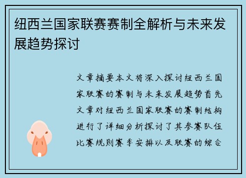 纽西兰国家联赛赛制全解析与未来发展趋势探讨