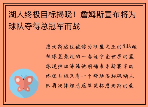 湖人终极目标揭晓！詹姆斯宣布将为球队夺得总冠军而战